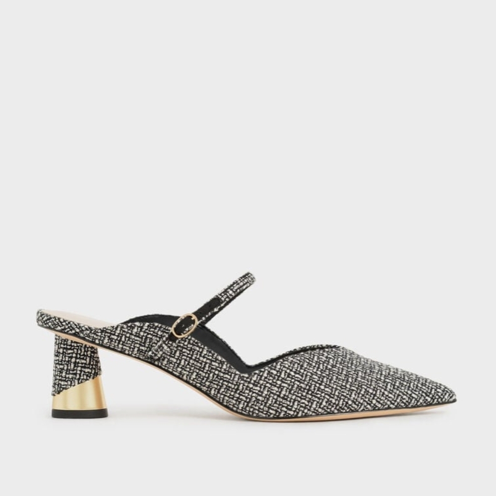 Charles & Keith Black and White Tweed Mary-Jane Slingback Heels